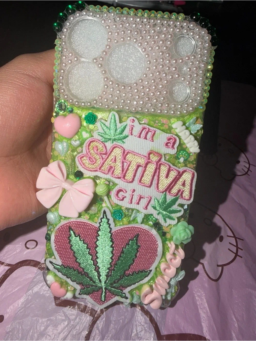 Sativa Girl Green Bejeweled Phone Case iPhone 17 pro